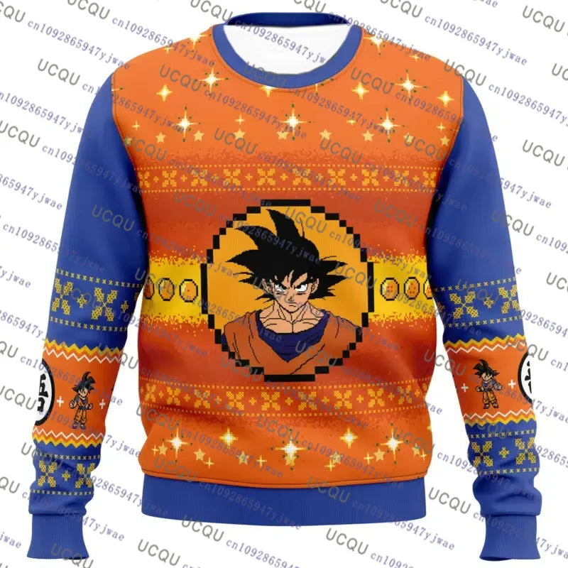 A festive Christmas Dragon Ball Hoodie featuring Goku and anime graphics, designed as an oversized autumn winter pullover for men and women.