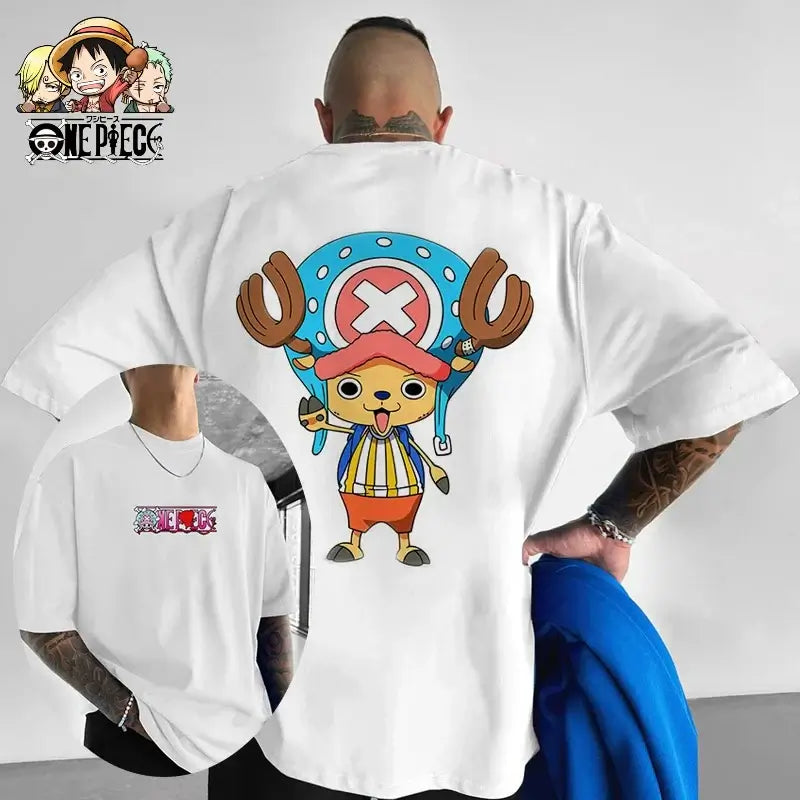 A fashionable One Piece Graphic T-Shirt in an oversized streetwear fit, featuring a high-quality anime print of Monkey D. Luffy and Roronoa Zoro.