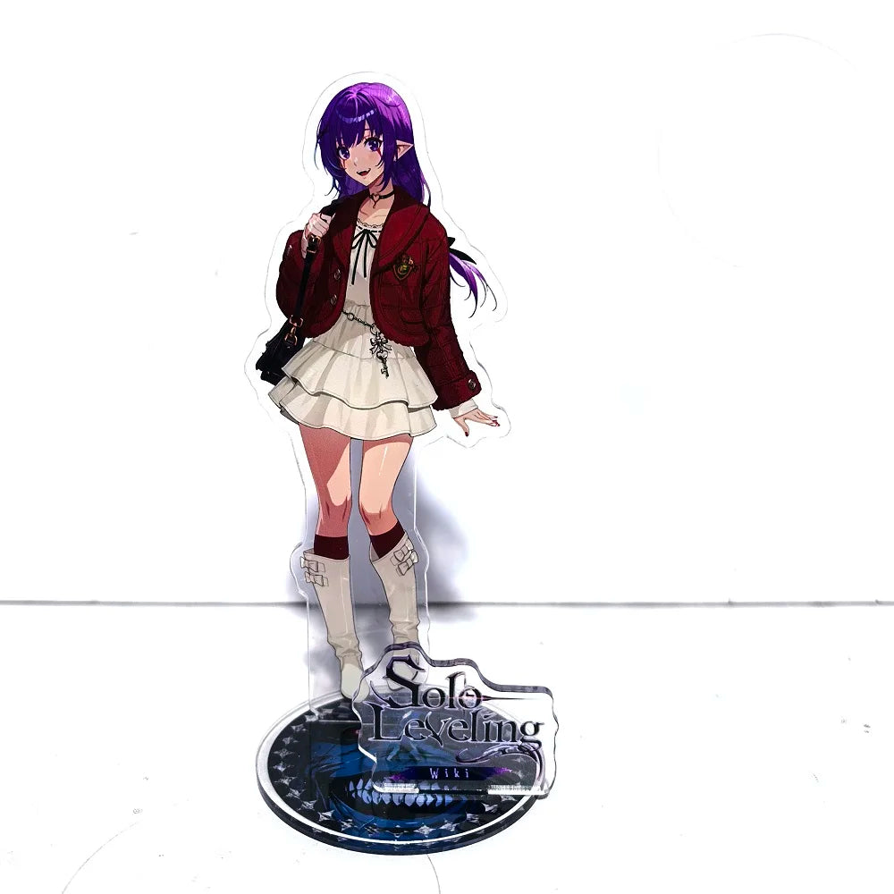 A high-definition 15cm Solo Leveling Acrylic Stand featuring Sung Jinwoo, Sung Jin Ah, and Yoo Jin Ho anime action figures for desk decoration.