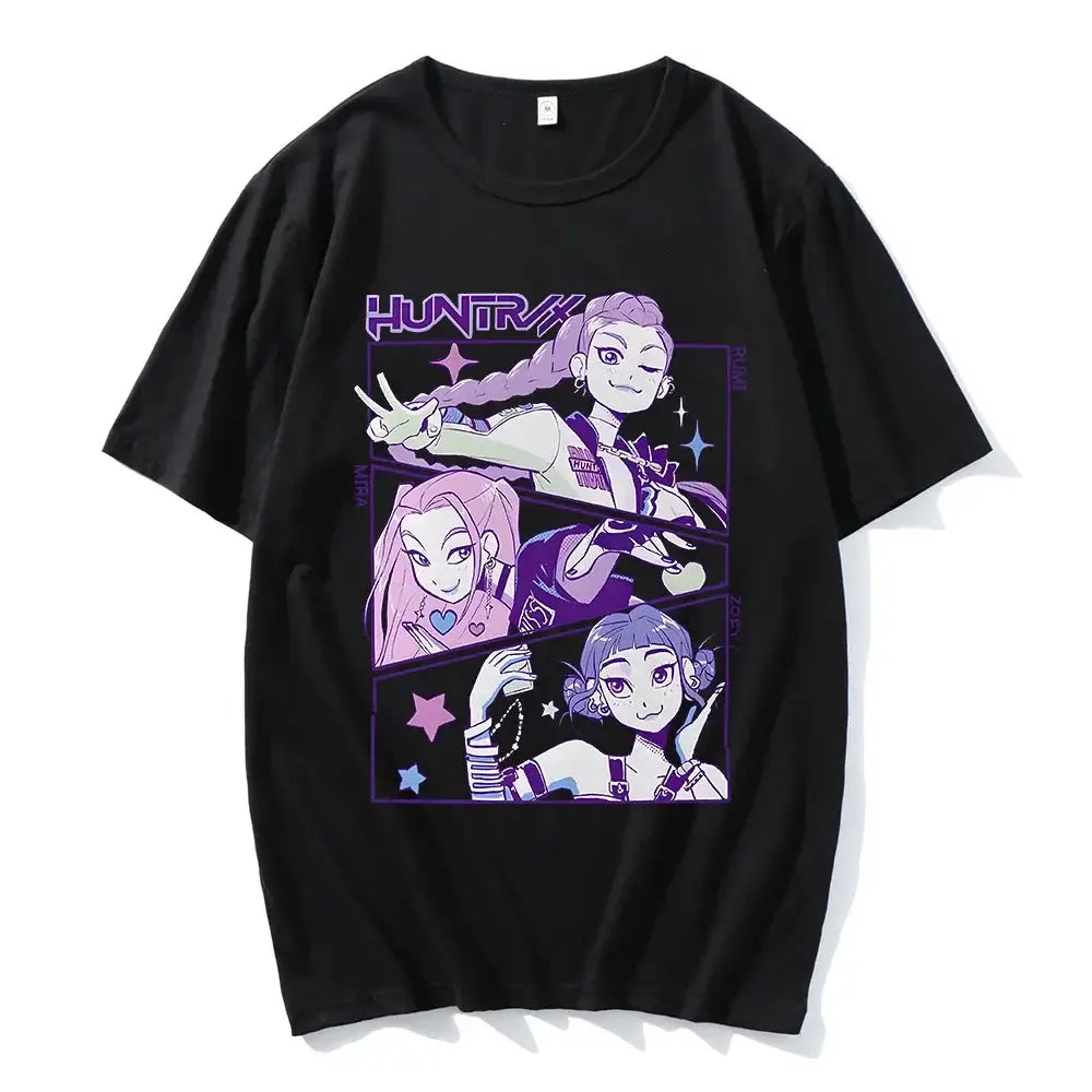 KPop Devil Hunter T-shirt in 100% pure cotton, featuring a fashionable graphic for a unisex casual summer look for men and women.