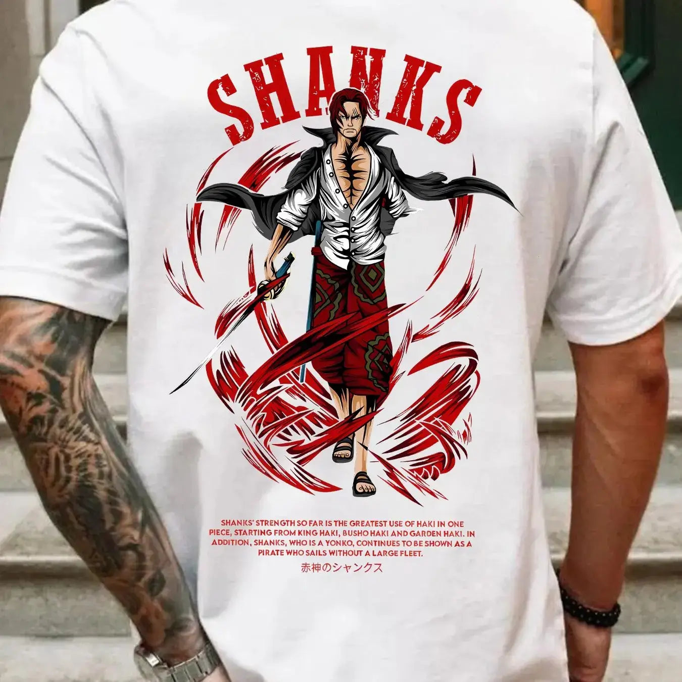 A retro, oversized One Piece Shanks Summer T-shirt in comfortable cotton, suitable for men and women's street and leisure wear.