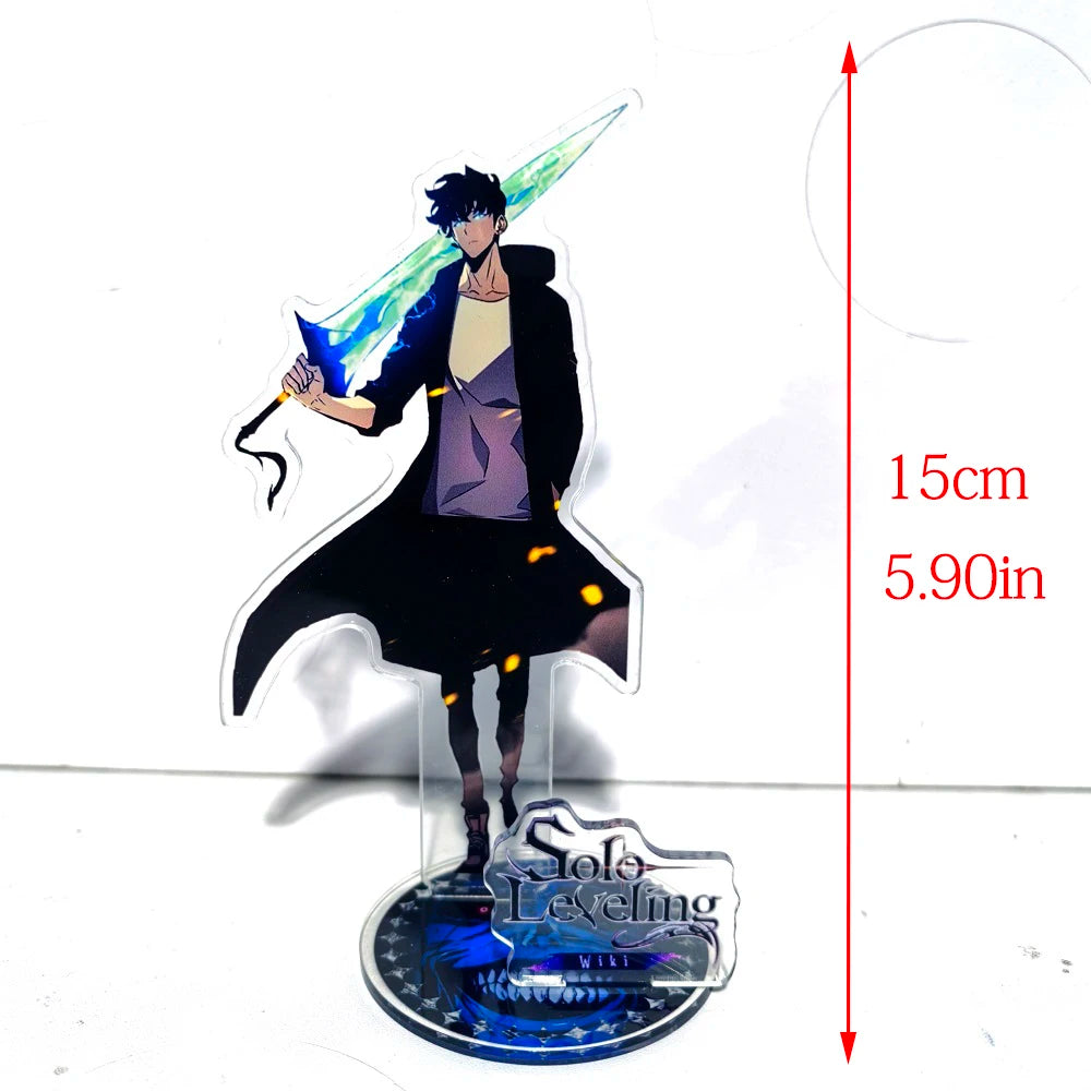 A high-definition 15cm Solo Leveling Acrylic Stand featuring Sung Jinwoo, Sung Jin Ah, and Yoo Jin Ho anime action figures for desk decoration.