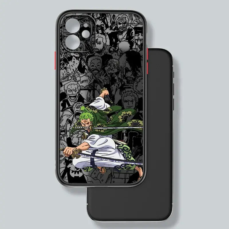 A luxury One Piece iPhone Case with frosted translucent finish and anime art, fitted for Apple iPhone 15, 14, and 13 Pro Max.