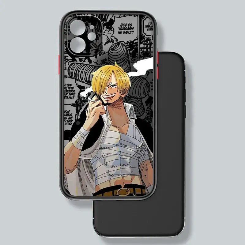 A luxury One Piece iPhone Case with frosted translucent finish and anime art, fitted for Apple iPhone 15, 14, and 13 Pro Max.