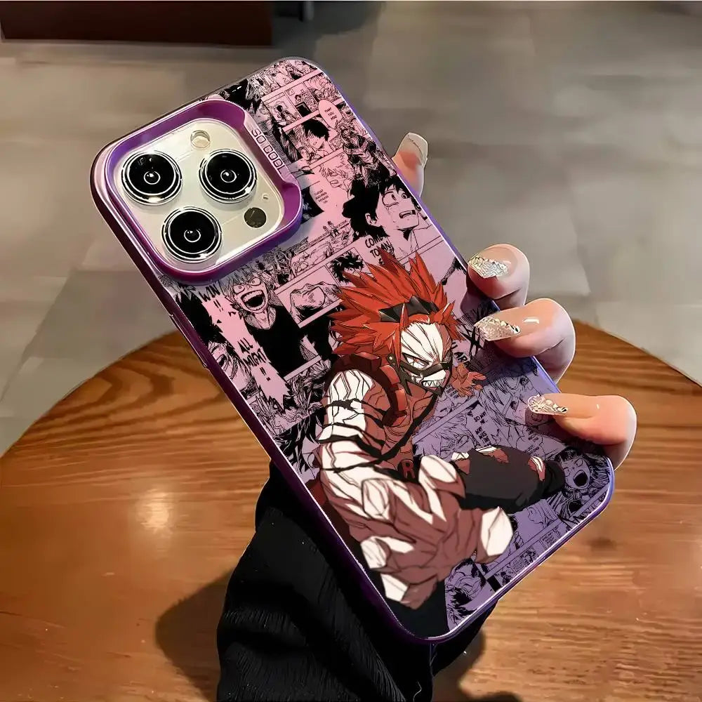 A shockproof Eijiro Kirishima Phone Case featuring a multicolor aurora laser finish and Red Riot anime art, compatible with Apple iPhone 16, 15, and 14 Pro Max.