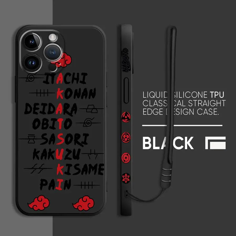 A black Akatsuki Cloud Phone Case featuring the red cloud symbol pattern, compatible with Apple iPhone 16, 15, 14 Pro Max, and 13.