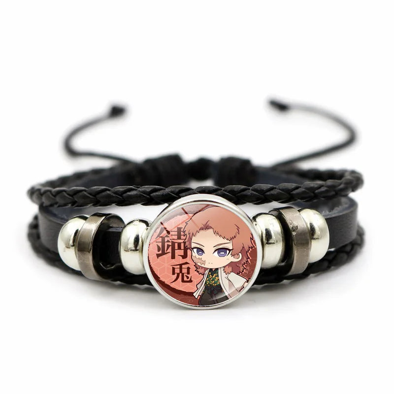 A woven leather Demon Slayer Bracelet featuring a glass art photo charm of Tanjiro Kamado and Nezuko, designed as an anime accessory for fans.