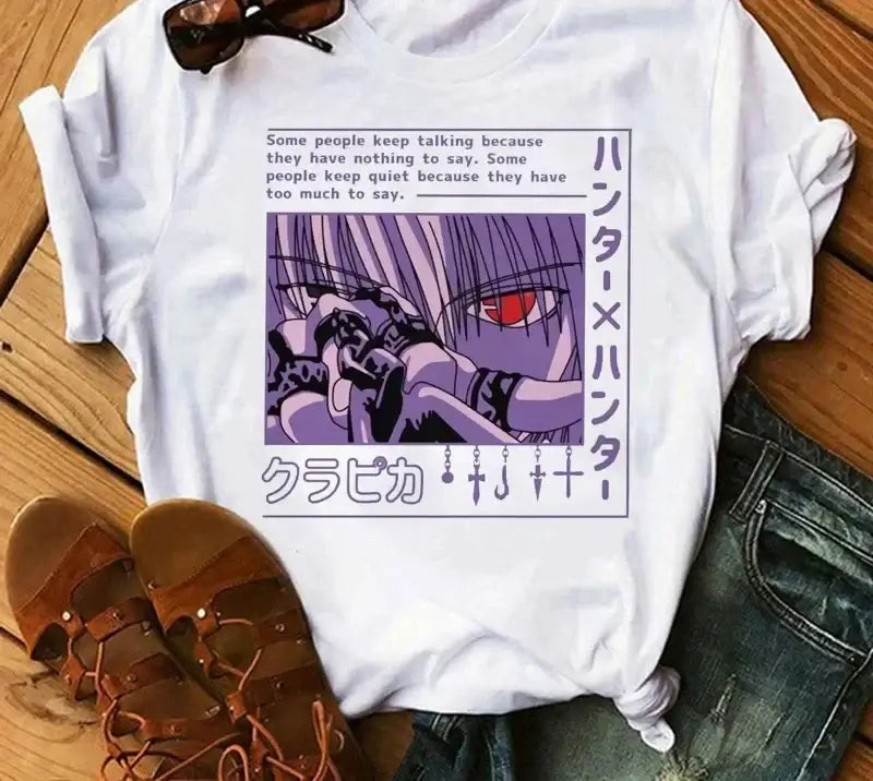 A woman wearing the casual vintage Japanese Anime Hunter X Hunter Graphic T Shirt.