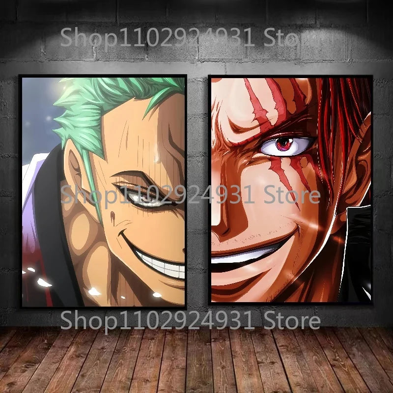 A colorful creative One Piece Luffy Zoro Poster printed on high-definition canvas, displayed as modern home wall art decoration.
