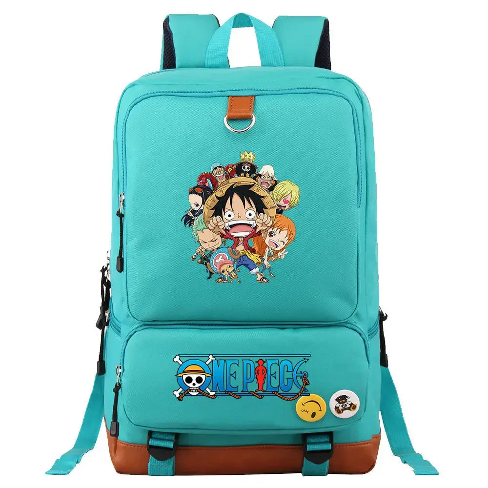 A large, unisex One Piece Luffy Printed Unisex Backpack suitable for school and travel, with compartments for a laptop and iPad.