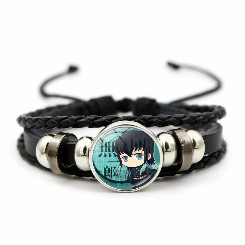 A woven leather Demon Slayer Bracelet featuring a glass art photo charm of Tanjiro Kamado and Nezuko, designed as an anime accessory for fans.