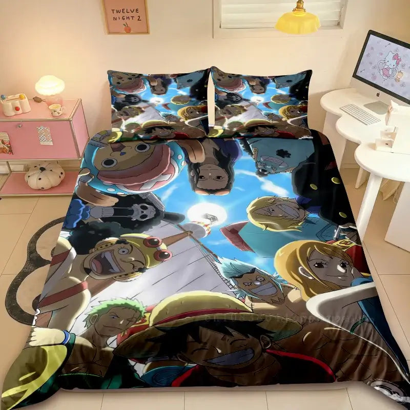 A comfortable Duvet Cover One Piece cartoon bedding set, showing the Straw Hat Pirates, an ideal holiday gift for friends and children.