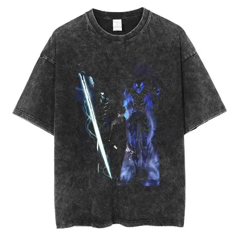 A hot unisex and plus size Solo Leveling Sung Jin-Woo Printed T Shirt in a washed cotton Harajuku style.