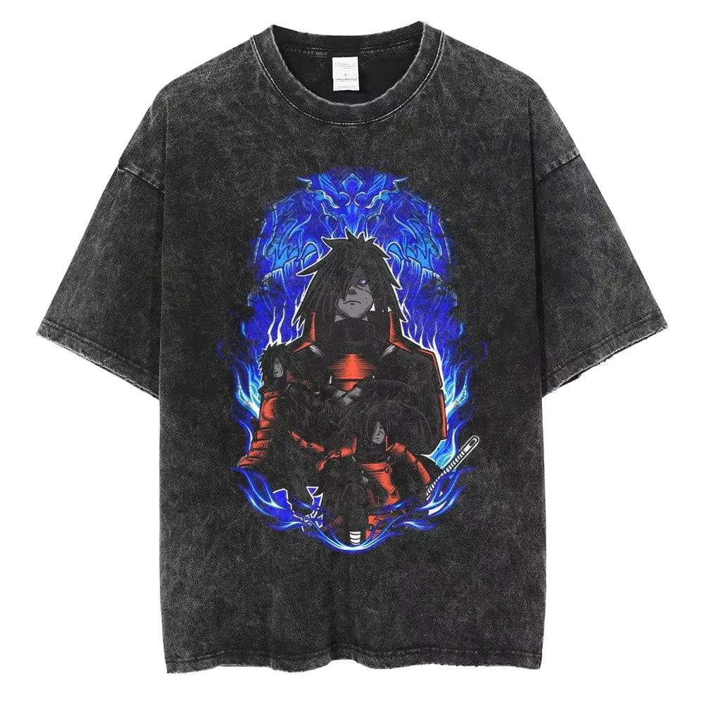 A washed black Naruto Vintage T-Shirt featuring a hip hop style anime print, designed as Harajuku streetwear for men and women.