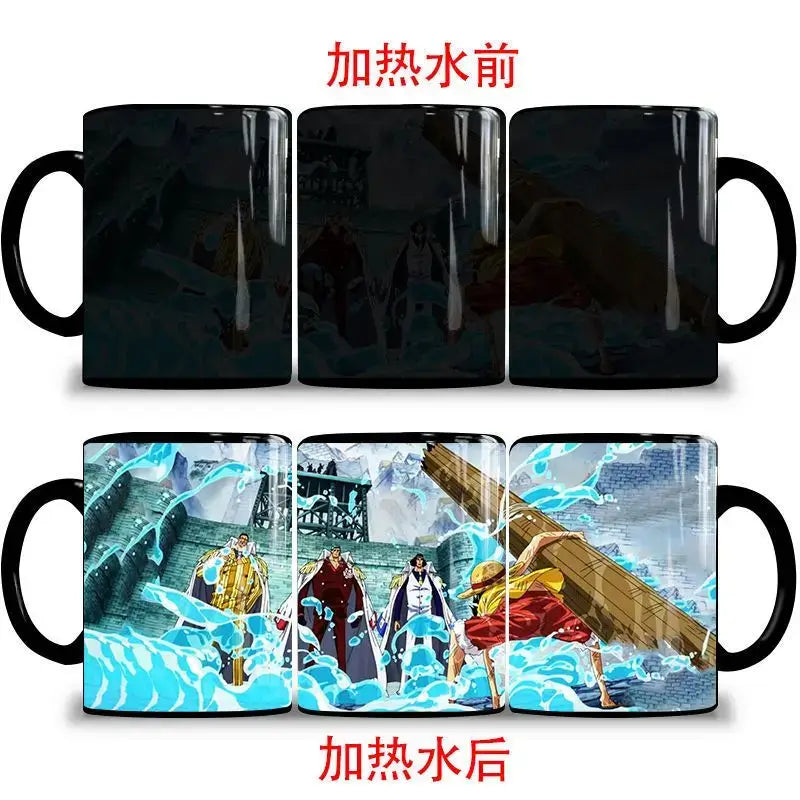 A ceramic One Piece Color Changing Mug revealing Gear 5 Nika Luffy and Fire Fist Ace artwork when filled with hot liquid.
