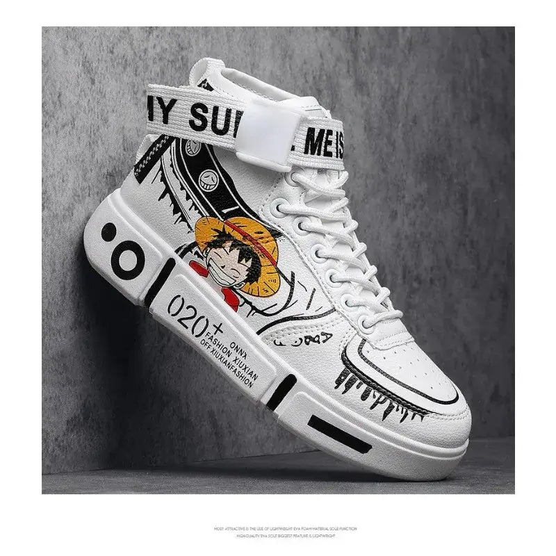 A pair of Anime One Piece Luffy High Top Shoes featuring Roronoa Zoro, designed as breathable, non-slip leisure sports sneakers for men and women.