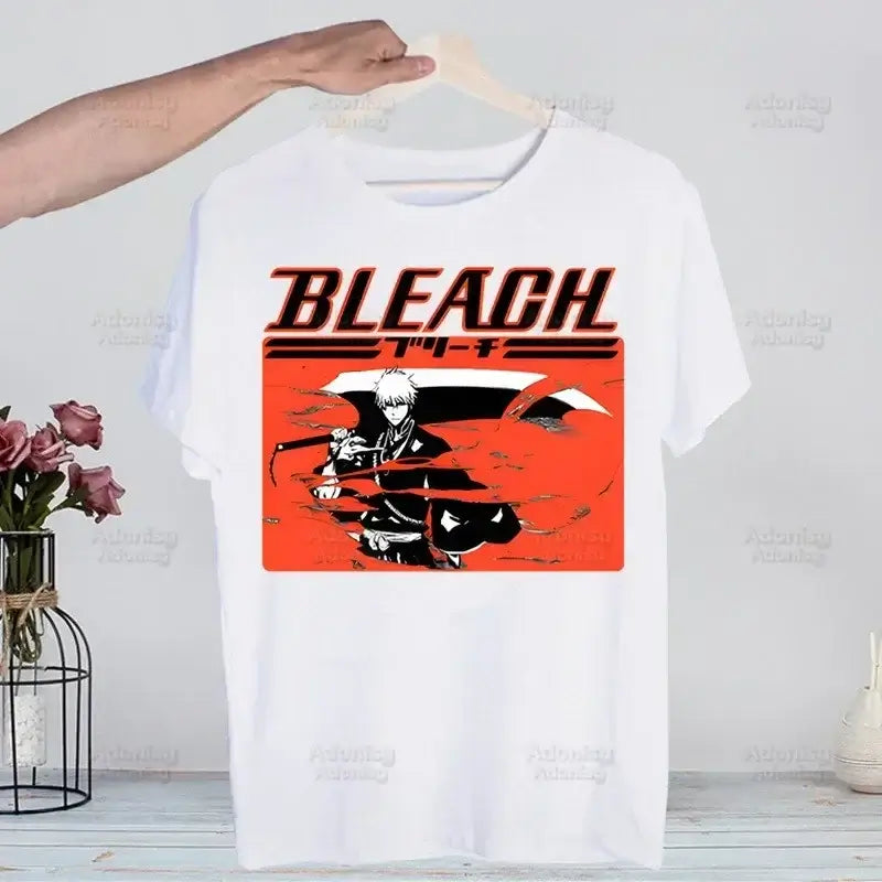 A men's Bleach Kurosaki Ichigo T-shirt in a funny Harajuku hip hop streetwear style for summer.