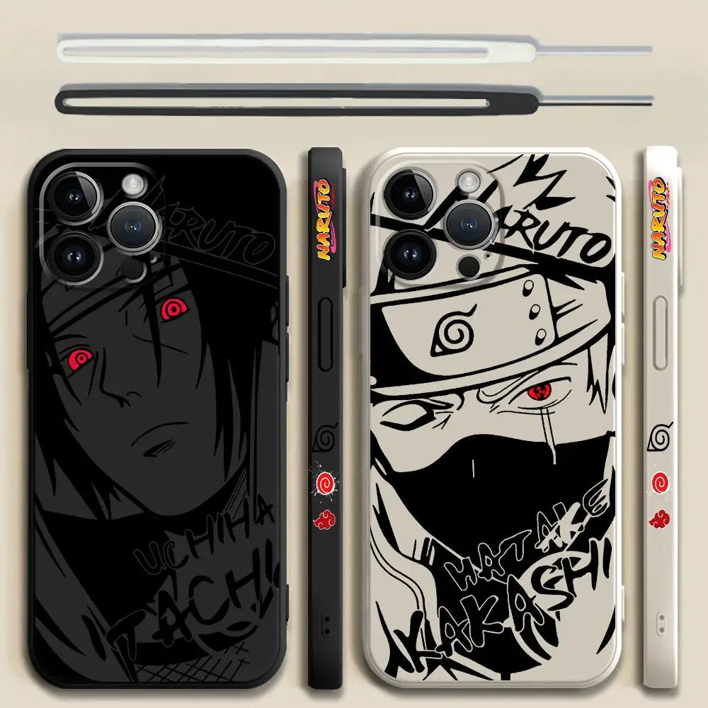 A premium Kakashi Itachi Phone Case featuring square liquid silicone design and anime art for Apple iPhone 15, 14, and 13 Pro Max.