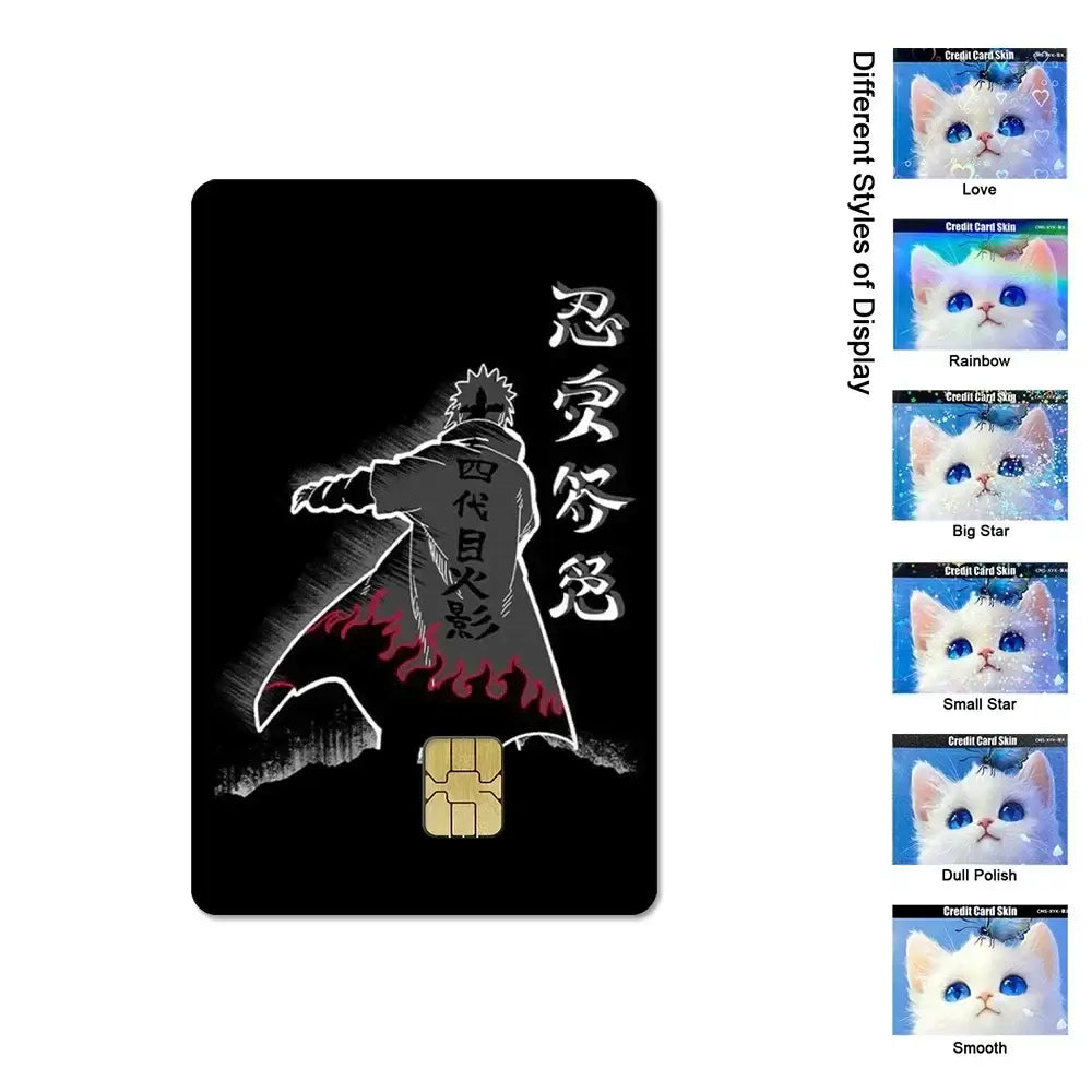 A waterproof Naruto Credit Card Skin PVC sticker featuring Uchiha Sasuke anime art applied to a standard debit bank card.