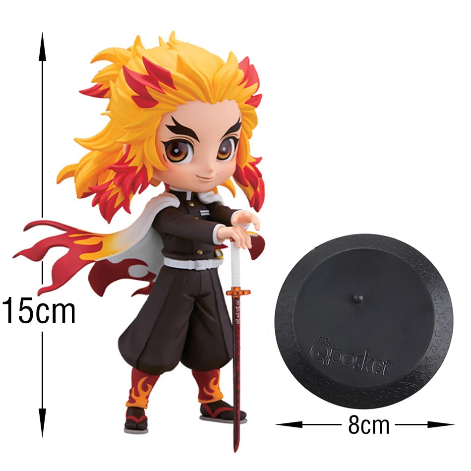 A 15cm kawaii Qposket Demon Slayer Figure made of PVC, featuring characters like Nezuko, Tanjiro, and Rengoku for anime collection.