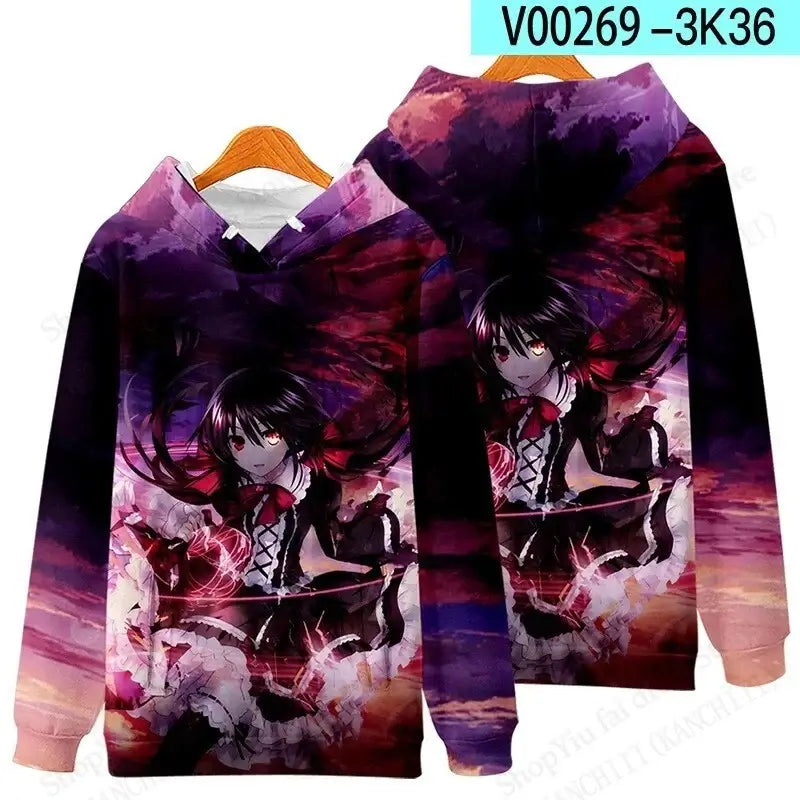 A unisex Anime Kurumi Tokisaki 3d Print Hoodie, designed as a fashion sweatshirt and sexy girl coat for men, women, and boys.