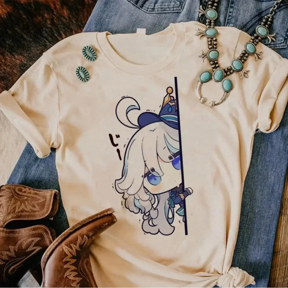A woman wearing a funny Y2k Genshin Impact Furina T-Shirt with a comic anime design.