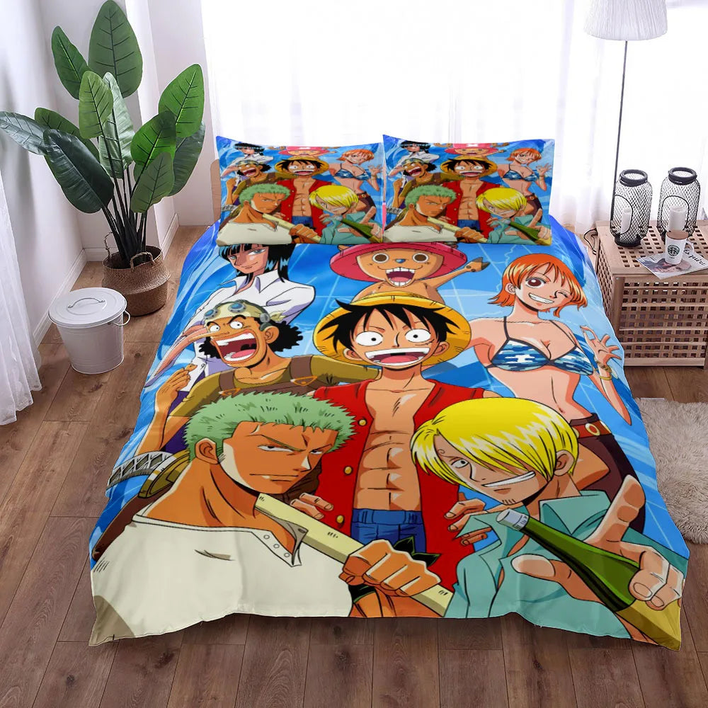 A vibrant One Piece Bedding Set featuring Monkey D. Luffy anime art on a duvet cover and pillowcase, designed for children's bedroom decor.