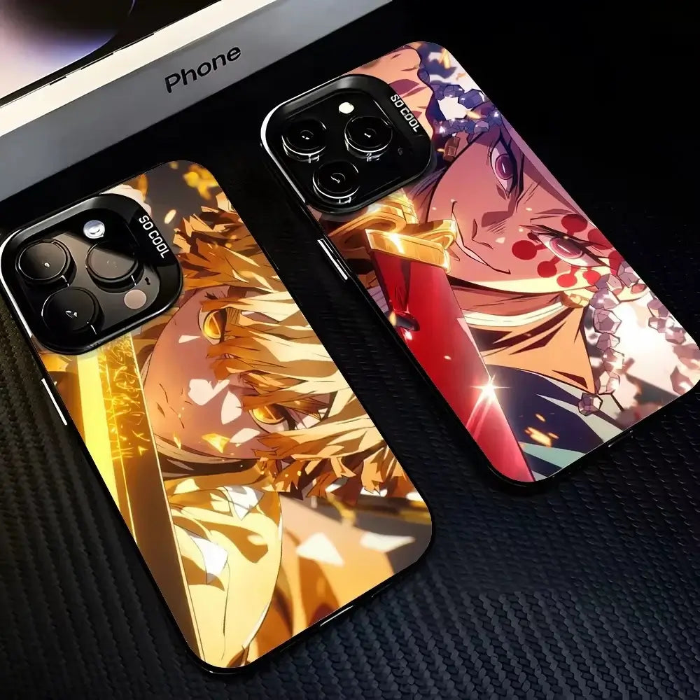 A matte black Demon Slayer Phone Case featuring cool anime character art and shockproof silicone protection for Apple iPhone 16, 15, and 14 Pro Max.