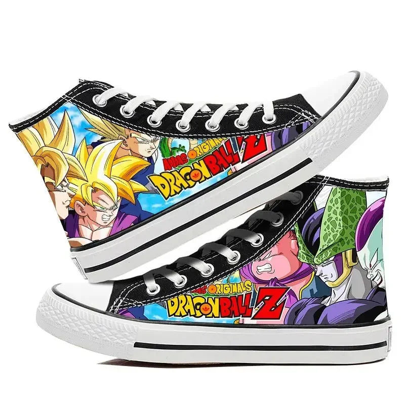 Trendy Dragon Ball High Top Canvas Shoes featuring Goku and Vegeta animation art, breathable flat sneakers for students and fans.