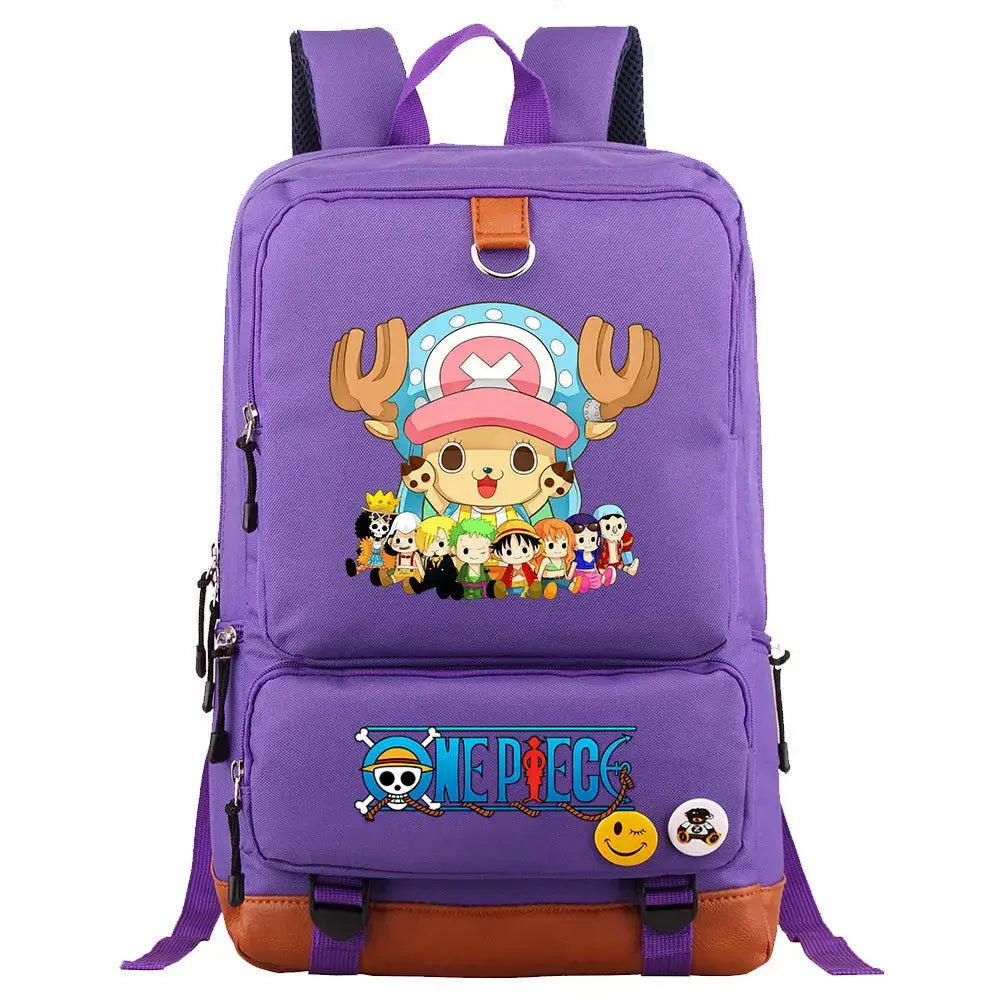 A large, unisex One Piece Luffy Printed Unisex Backpack suitable for school and travel, with compartments for a laptop and iPad.
