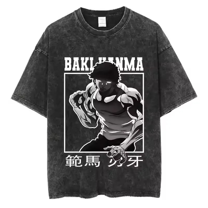 A high-quality pure cotton Baki Anime T-shirt featuring a graphic print of Baki Hanma, designed as a casual loose fit top for men and women.
