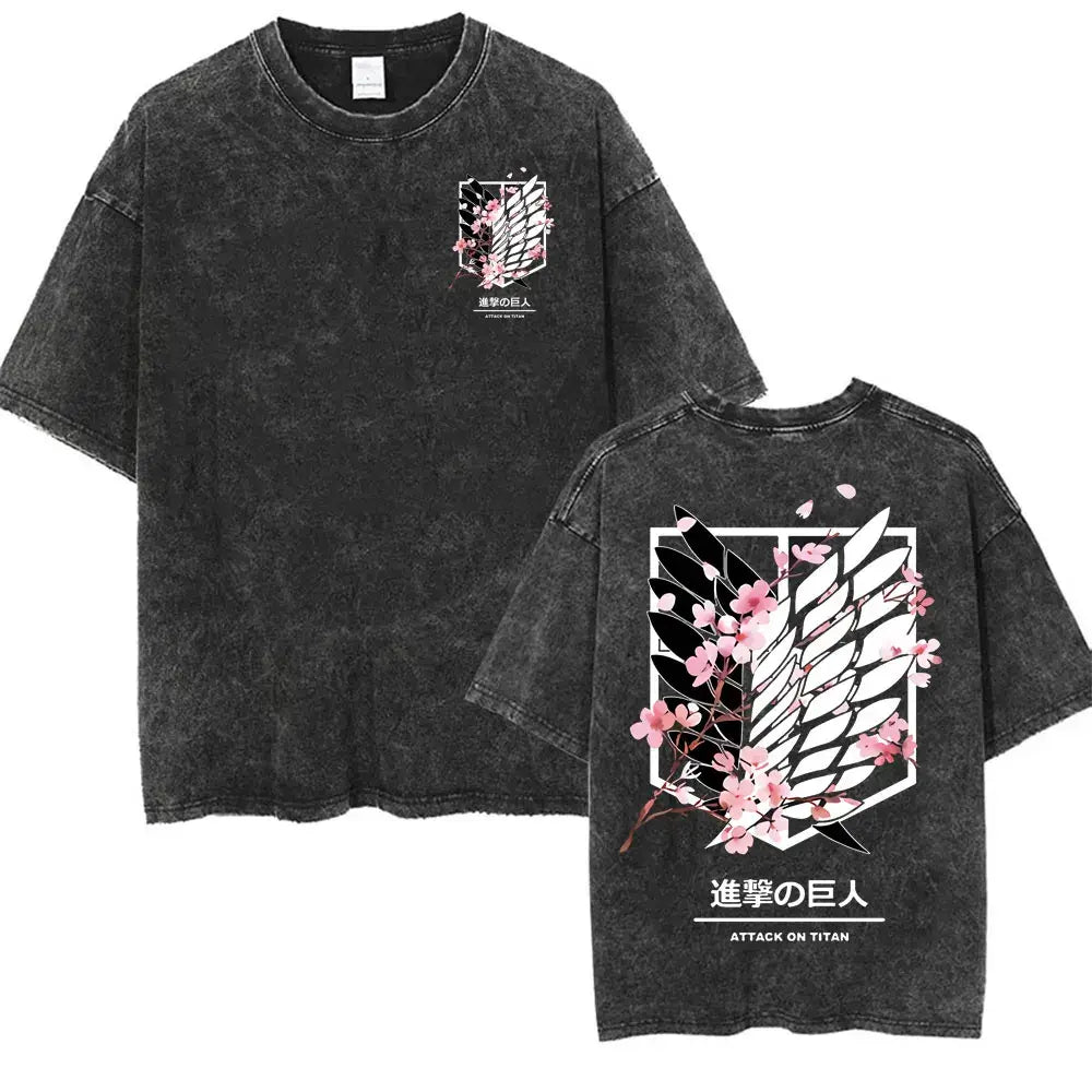 An oversized Attack on Titan Washed T-shirt featuring a vintage Levi Ackerman graphic, a stylish streetwear item for men and women.