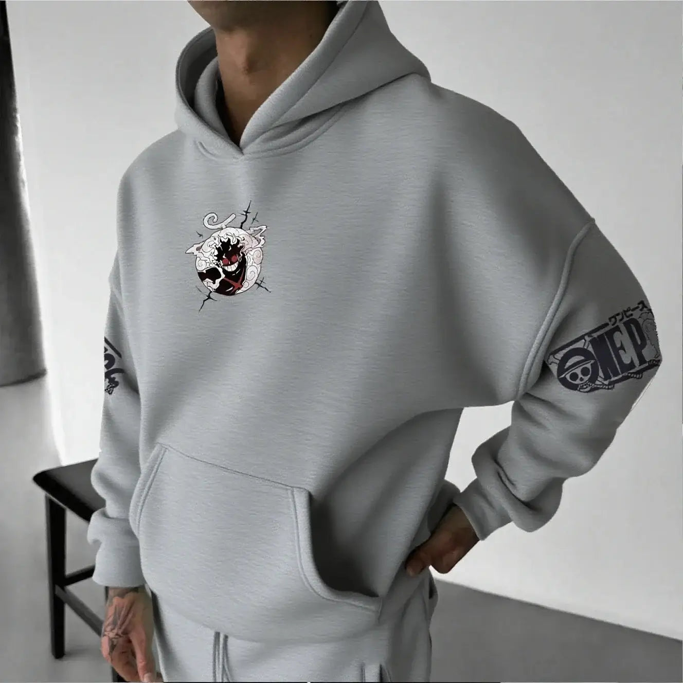 A streetwear One Piece Luffy Gear 5 Nika Anime Hoodie, a casual pullover for men and women's autumn and winter cosplay.