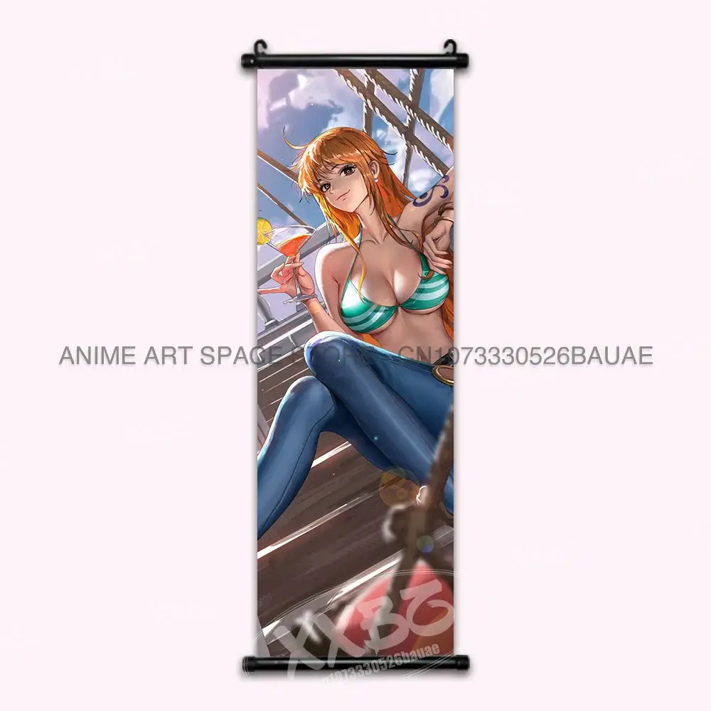 A vibrant One Piece Hanging Painting featuring anime characters Monkey D. Luffy, Portgas D. Ace, Sabo, and Shanks on a canvas scroll for home decor.