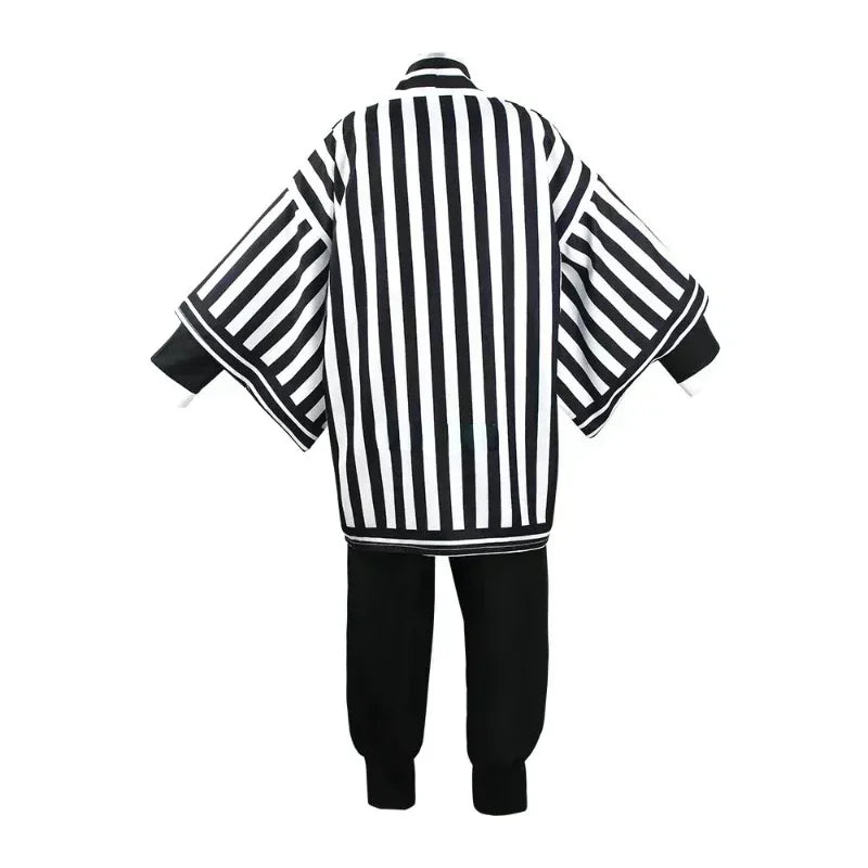 A complete Iguro Obanai Cosplay Costume featuring the black and white striped kimono, Demon Slayer uniform, and wig for Halloween parties.