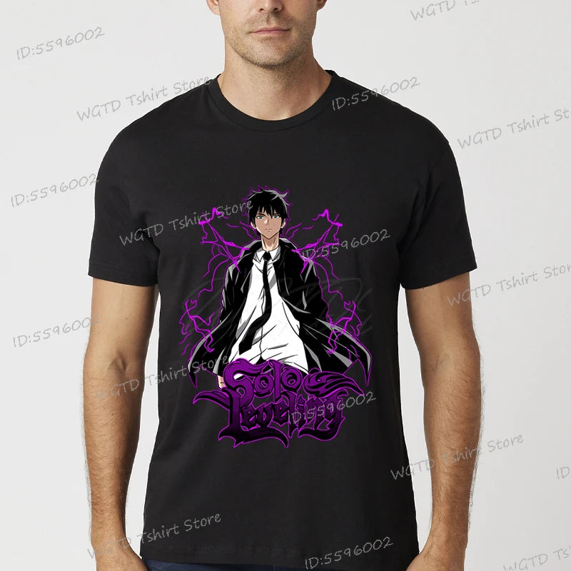 A vintage black Solo Leveling Anime T-Shirt featuring a funny Sung Jinwoo graphic print, available in sizes S to 4XL for men and women.