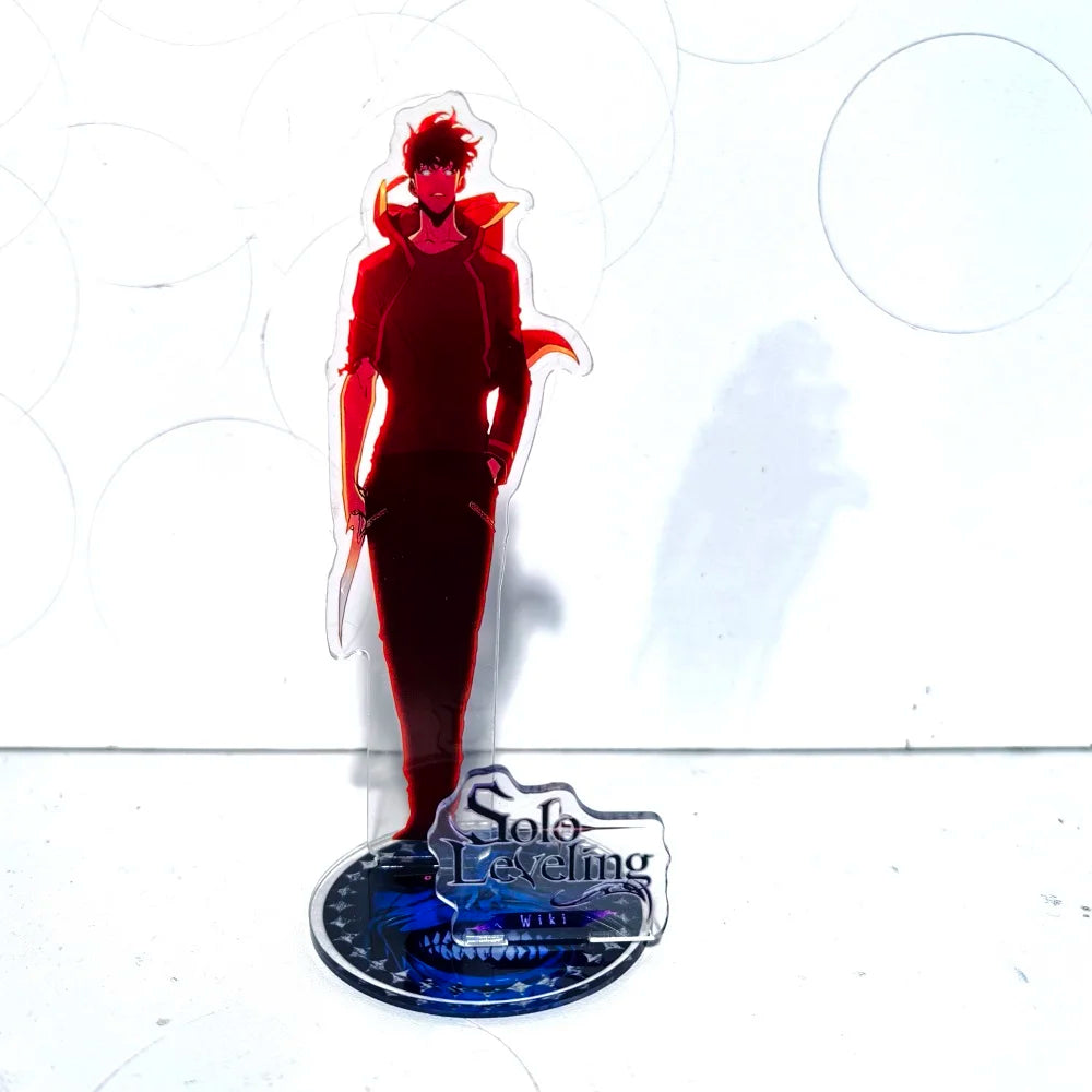 A high-definition 15cm Solo Leveling Acrylic Stand featuring Sung Jinwoo, Sung Jin Ah, and Yoo Jin Ho anime action figures for desk decoration.