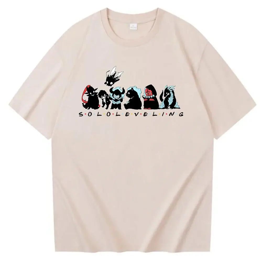 A Cute Solo Leveling T-shirt with a chibi anime design, perfect as a short sleeve O-neck gift for fans.