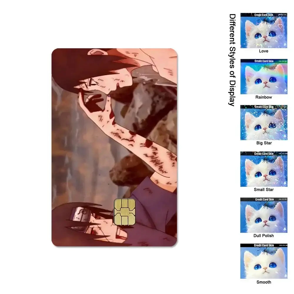A waterproof Naruto Credit Card Skin PVC sticker featuring Uchiha Sasuke anime art applied to a standard debit bank card.