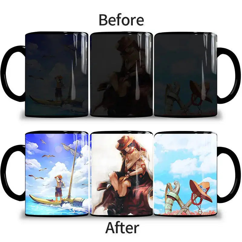 A ceramic One Piece Color Changing Mug revealing Gear 5 Nika Luffy and Fire Fist Ace artwork when filled with hot liquid.