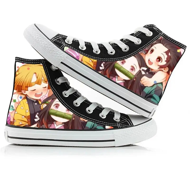 A pair of kawaii Anime Demon Slayer Canvas Shoes in a hand-painted high-top sneaker style for boys and girls.