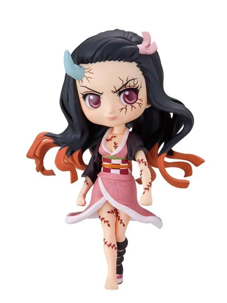 A 15cm kawaii Qposket Demon Slayer Figure made of PVC, featuring characters like Nezuko, Tanjiro, and Rengoku for anime collection.