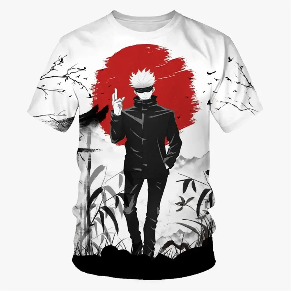 Anime 3D Print T-Shirts featuring a stylized character with a red sun background for summer streetwear.
