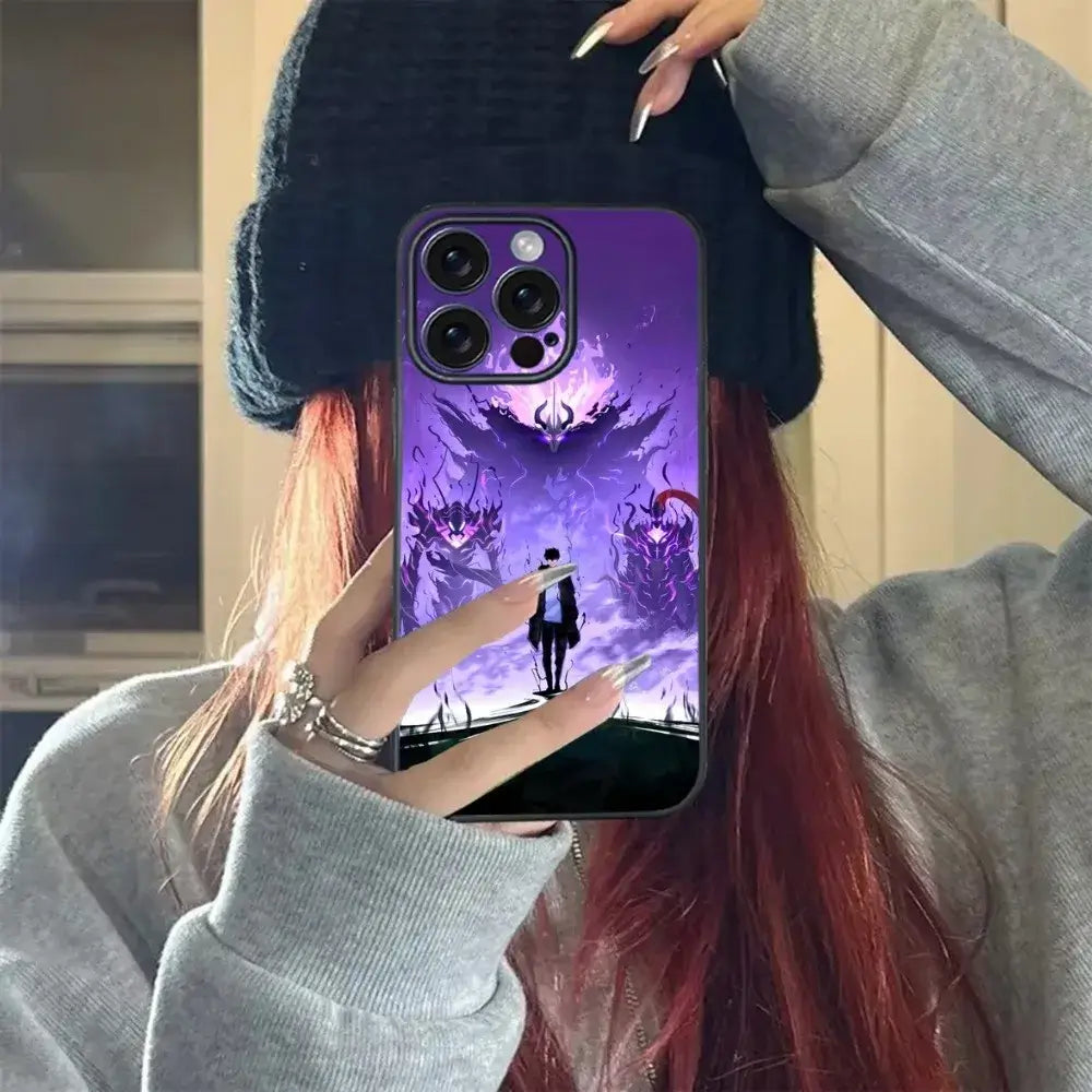 A soft TPU Solo Leveling Phone Case featuring Sung Jinwoo anime art, compatible with Apple iPhone 16, 15, and 14 Pro Max.