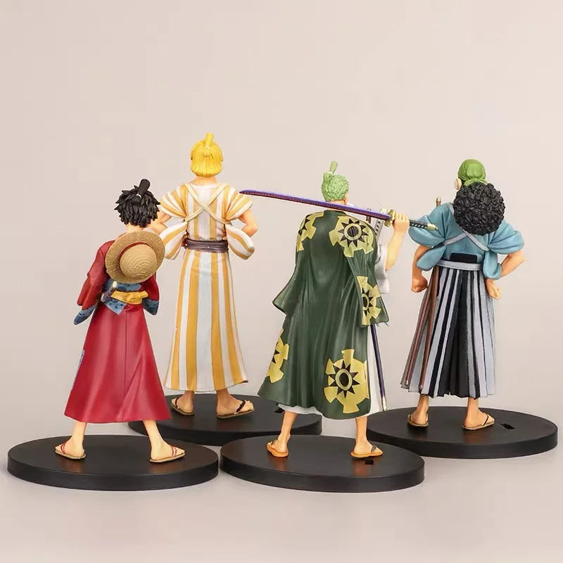 A detailed One Piece 17cm Anime Figure statue featuring Monkey D. Luffy, Roronoa Zoro, and Yamato for collection and desktop display.