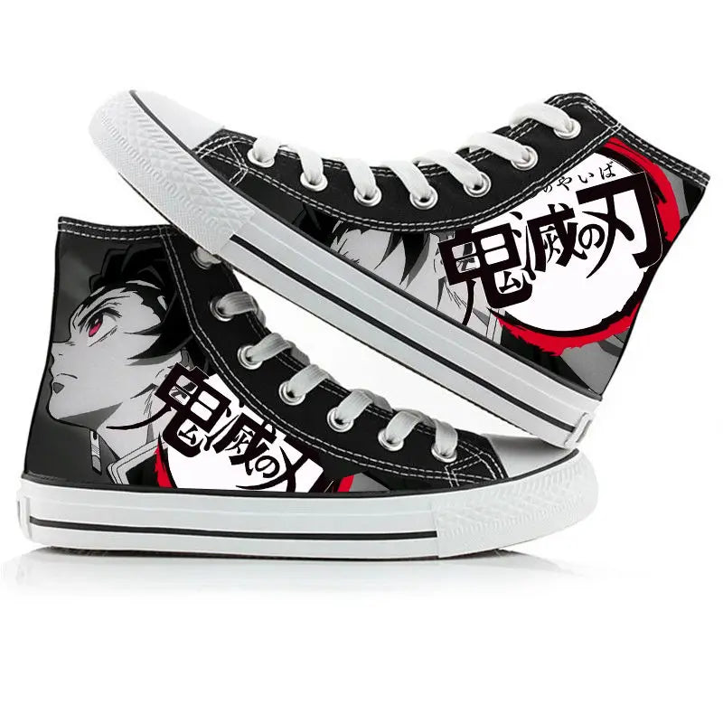 A pair of kawaii Anime Demon Slayer Canvas Shoes in a hand-painted high-top sneaker style for boys and girls.