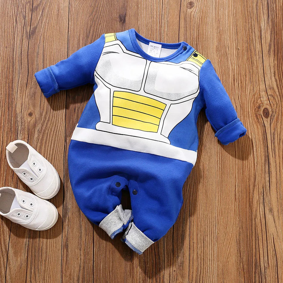 A newborn infant wearing the Baby Anime Costume, a cosplay jumpsuit available in Luffy, Akatsuki, and Vegeta styles.
