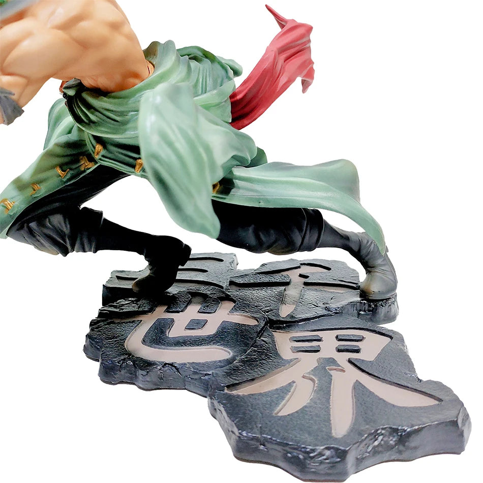 A 10cm One Piece Zoro Figure PVC action model displaying Roronoa Zoro in his Three-Blade Sa-Maximum stance for anime collections.