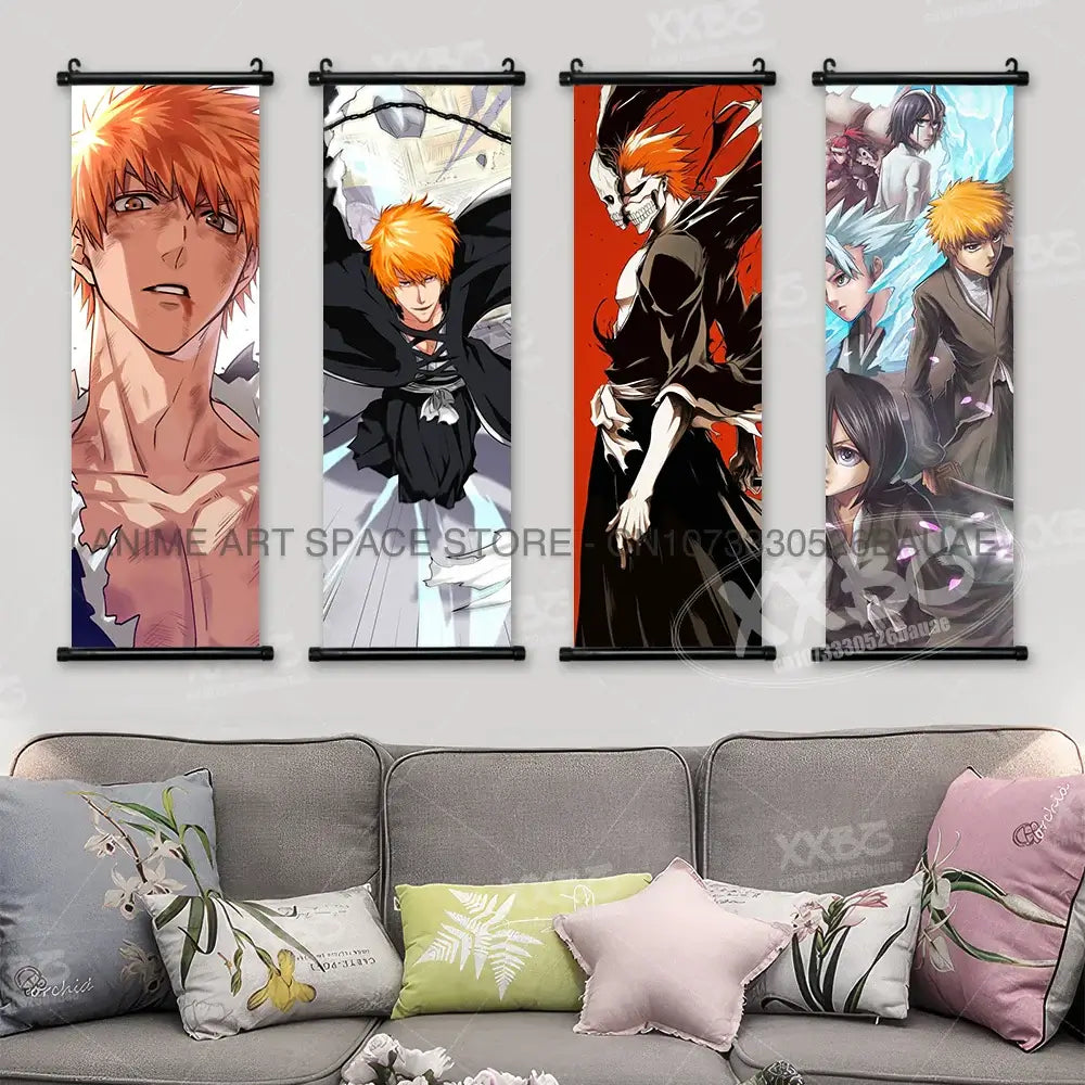 High-quality Bleach Anime Posters Japanese hanging scroll featuring Kurosaki Ichigo and Kuchiki Rukia printed on durable canvas for home decor.
