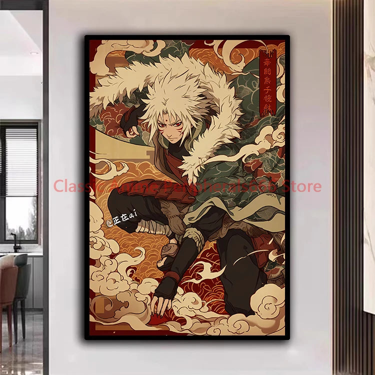 A traditional Ukiyo-e style Naruto Poster canvas painting featuring Akatsuki members Itachi and Sasuke for aesthetic home decor.